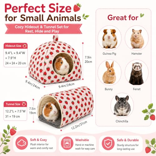 Guinea Pig Hideout Tunnel Set, 2 Pack Washable Small Animal Bed with Removable Cushion, Hamster Hideout Play Tunnel Toys for Guinea Pigs, Hamsters, Hedgehogs, Ferrets, Pink Strawberry - color: Pink Strawberry, size: Large(9.4"L x 9.4"W x 7.9"H)