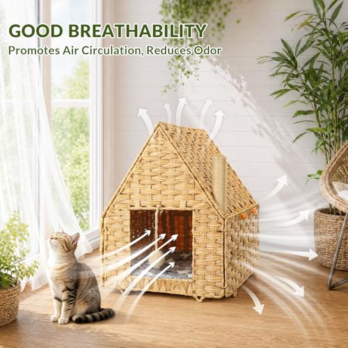 Handwoven Rattan Cat Bed for Indoor Kitten, Cat Cave Bed with Sisal Ball, Cushion & Cat Scratch Post, Foldable Hideaway Cat Hut in Bedroom Living Room, Natural - color: Natural B