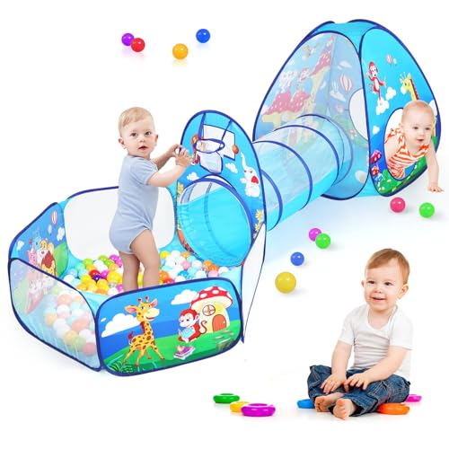 3 in 1 Kids Play Tent for Toddler with Baby Ball Pit and Play Tunnel, Children Indoor Outdoor Playhouse with Climbing Tunnel Toy for Toddlers, Boys and Girls Best Birthday Gifts (3pc Jungle Ball Pit) - style: 3pc Jungle Ball Pit