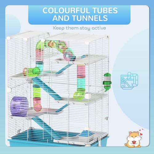 PawHut Large Hamster Cage 6 Tier, 32" DIY, Dwarf & Gerbil, Light Blue | Small Animal Cage, Tubes and Tunnels, Hut, Wheel, Food Dish, Water Bottle, Ramps