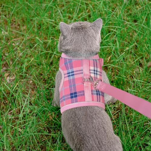 PUPTECK Soft Mesh Cat Vest Harness and Leash Set Puppy Padded Pet Harnesses Escape Proof for Cats Small Dogs Rabbits Bunny, Plaid Pink, L - color: Light Pink(Plaid), size: L(NECK 8.5"-10.5", CHEST 12.5"-15", 6-10 lbs)