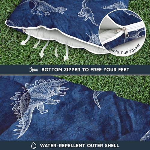 Wake In Cloud - Kids Sleeping Bag for Boys Toddlers, Camping in Warm Cold Weather, Backpacking Lightweight Compact Outdoor Liner for 3 Seasons, Dinosaur Sketch - color: Navy Blue