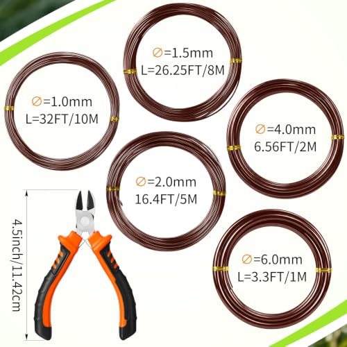 Mudder 5 Roll Aluminum Bonsai Training Wire Tree 1/1.5/2.0/4/6mm 85 Feet Total with Bonsai Wire Cutter Anodized Training for Holding Branches Small Trunks(Brown) - color: Brown, size: 1/1.5/2/4/6mm