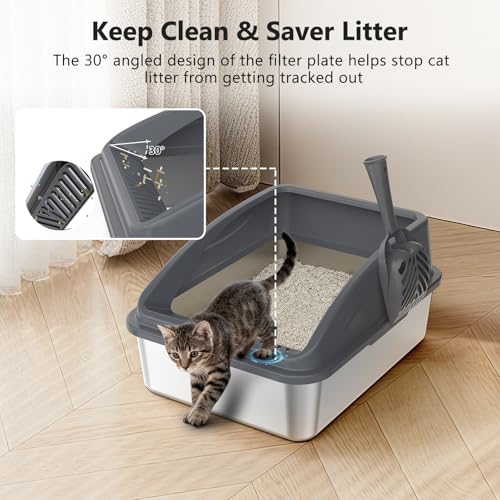 Stainless Steel Litter Box, Metal Kitty Litter Box with Scoop, Anti-Leakage Top Entry, Non-Sticky, Easy to Clean