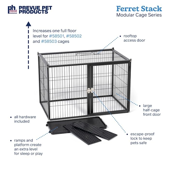 Prevue Pet Products Ferret Stacking Cage Add-On Unit - Extra Level with Ramps and Platform for Modular Ferret Habitat, Accessories for Cage Expansion with Shelves & Ladders for Climbing - Black