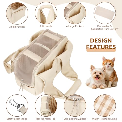 Dog Purse Carrier for Small Dogs and Cats, Soft-Sided Pet Tote Bag with 6 Large Pockets, Collapsible Travel Puppy Carrier, Fits Pets up to 13 lbs (Beige, 15.7" L x 8" W x 11.8" H) - color: Beige, size: 15.7"L x 8.0"W x 11.8"H