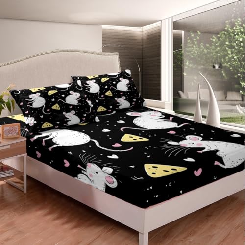 Erosebridal Kids Rat Bed Sheets Twin Mouse Rodents Sheet Set Kawaii Cute Cartoon Animal Bedding Set for Boys Girls Children Funny Wildlife Animal Fitted Sheet Cheese Food Flat Sheet, Black - color: Multi 10, size: Twin