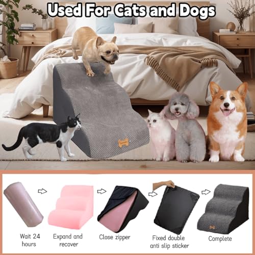 3-Step Pet Stairs for High Beds & Couches, Multi-Step Non-Slip Pet Steps with Balanced Ramp, Indoor 2/3/4/5 Steps for Small Large Cats & Pets, Anti-Slip Stickers Included, 33D Grey