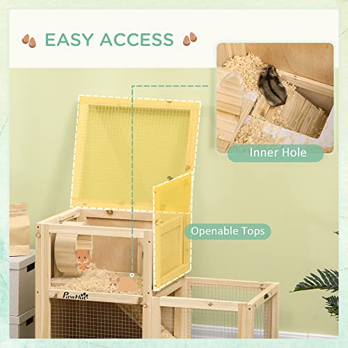 PawHut Extra Large Wooden Hamster Cage with Sliding Tray, Large Rat Mouse House, Small Animal Habitats with Openable Roofs, Wide Ramp for Racing, Running Wheel, Natural | Small Animal Habitats, Openable Roofs, Wide Ramp for Racing, Running Wheel