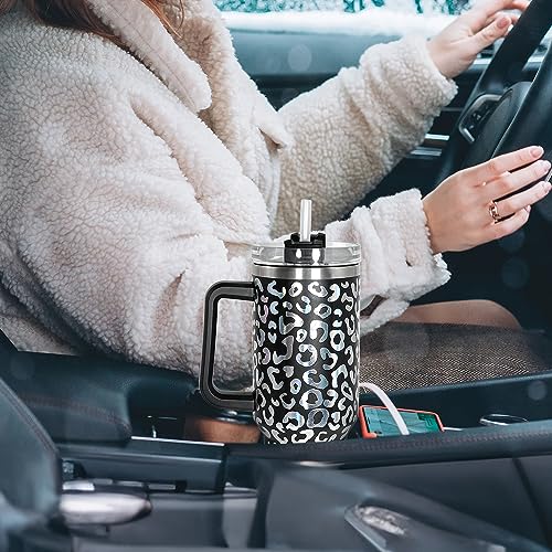 40 oz Tumbler with Handle and Straw, 100% Leak-Proof Travel Mug, Stainless Steel Double Wall Vacuum Insulated Coffee Cup Keeps Cold For 34 Hours, Dishwasher Safe, Black Leopard - color: Black Leopard