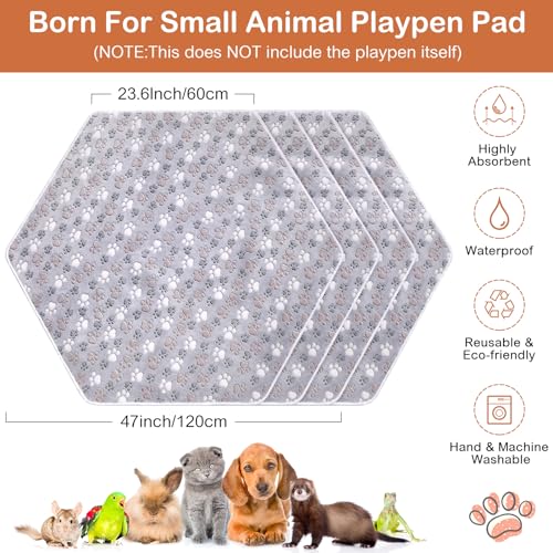 Preboun 4 Pcs 47 in Guinea Pig Playpen Pad Waterproof Hexagon Mat Reusable Dog Playpen Liner for Small Animal Rabbit Cage Tent Pee Pad Washable Yard Fence(Gray Paw)