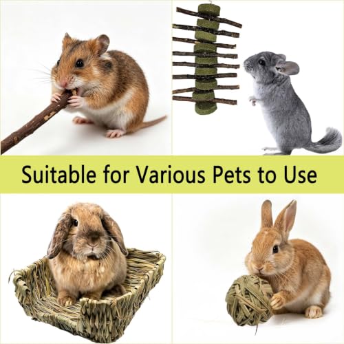 Bunny Grass Bed Mat 22Pcs Rabbit Chew Toys Set Hand-Made Woven Hay Mat | Wood&Bamboo Sticks and Timothy Grass Cake&Ball,Small Animals Teeth Grinding Chew Treat Toy for Guinea Pig - size: 22pcs