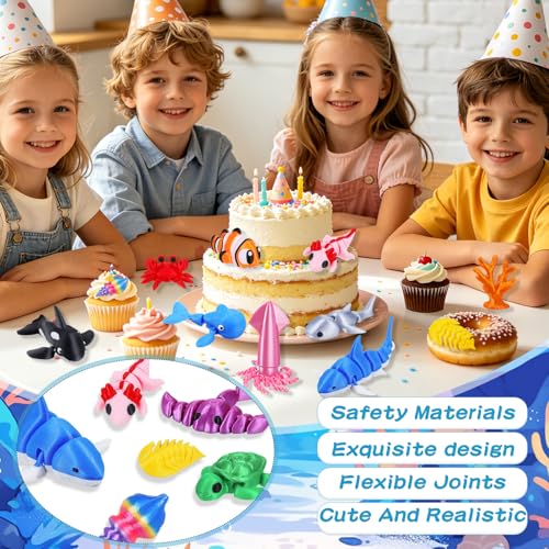 ywevyezc 25 Pcs 3D Printed Ocean Animals Set, Flexible Articulated Mini Sea Animal Figurines Fidget Toy Desk Pets, Ideal for Party Favors Birthday Gifts Office Desktop Home Decor - style: 25Pcs-3D Ocean Animals