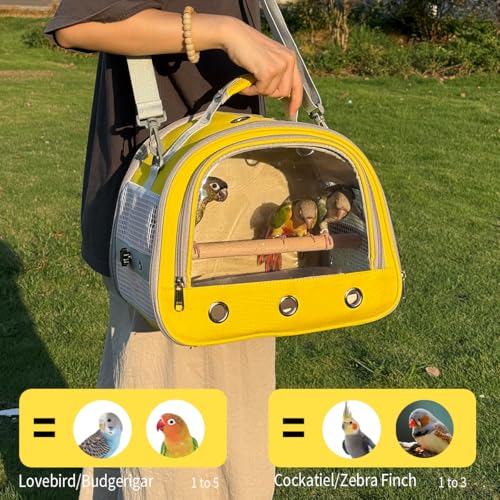 Bird Carrier,Bird Cage Parakeet Parrot Budgie Carrier Backpack for Small Birds, Travel Bird Cages with Perch, Transparent Ventilation Cockatiels, Lightweight Pet Carrier for Outdoor Use(Yellow)
