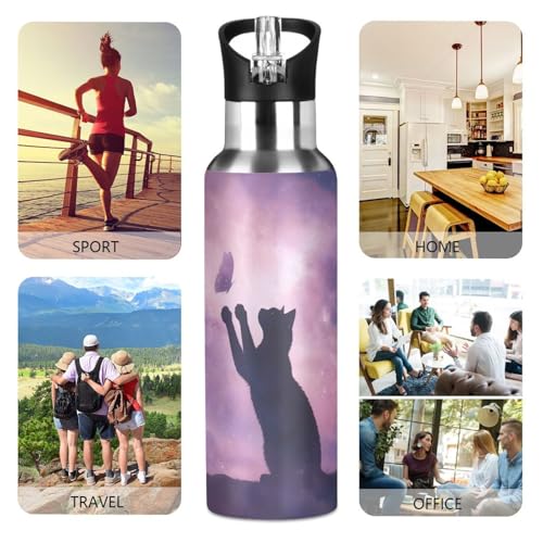 Cat Water Bottle for Kids Cat Stainless Steel Water Bottle with Straw Lid Cats Theme Purple Galaxy Flask Leakproof for School 20 oz - color: Purple1