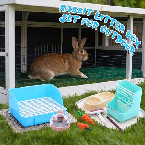 Honeydak 10 Pcs Rabbit Starter Kit Small Litter Box Bunny Grooming Kit Scratch Pads Hay Feeder Bowl Ice Pad with Bunny Toys for Guinea Pig Rabbit Accessories (Blue) - color: Blue