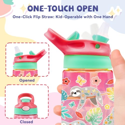 Kids Plastic Water Bottle - Sloth Water Bottle for Kids, 14oz Plastic Water Bottles with Straw Lid, Leakproof BPA-Free Cute Sloth Water Bottles for Home Sports Travel, Pop-Up Straw Cover, Pink - color: Sloth