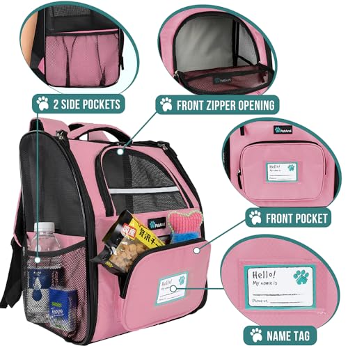 PetAmi Dog Backpack Carrier Airline Approved Cat Pet Puppy Bag, Pink | Ideal for Small Medium Large Pet up to 18 lb, 2 Side Entry Structured No-Collapse Frame, Ventilated Bookbag for Hiking Travel - color: Pink