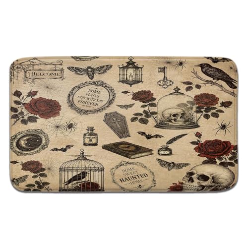 JAWO Gothic Halloween Bath Mat, Vintage Skull Red Rose Crow Bat Spider Web Print, Retro Horror Non-Slip Absorbent Floor Mat, Haunted Home Decor 17X48 - color: Beige, size: 17.00" X 48.00"