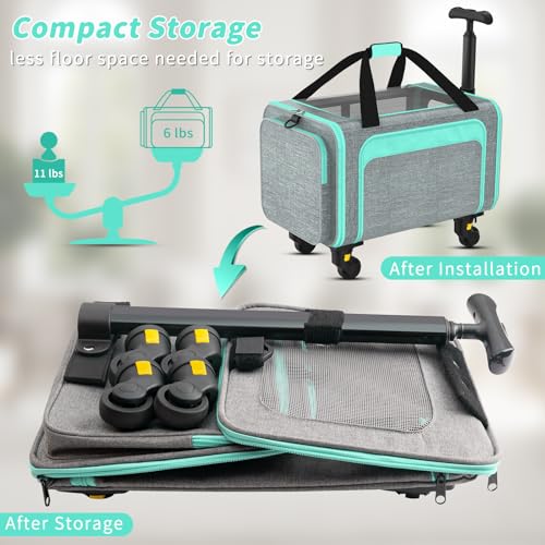 Airline Pet Carrier with Wheels, 18x11x11 for Cats & Toy Dogs | Soft-sided nylon under-seat bag, removable wheels, expandable mesh, cats & toy-breed dogs, measure pet before buying - color: Green