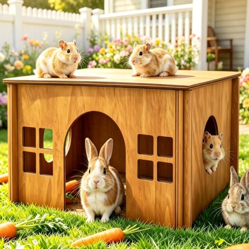 Wooden Guinea Pig Hideout, Small Animal Houses Habitats,Large Hideout House for Small Rabbit Chinchilla Gerbil, Sturdy Hamster Hideout Bed Hutch Bunny Cage - color: Brown Style 1, size: Medium