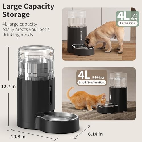 JUNSPOW Cat Water Dispenser with Stainless Steel Bowl (4L Black) | Automatic Gravity Water Dispenser for Cats or Small Medium Size Dogs, Large Capacity, Easy to Clean - color: Black, size: 4L Base