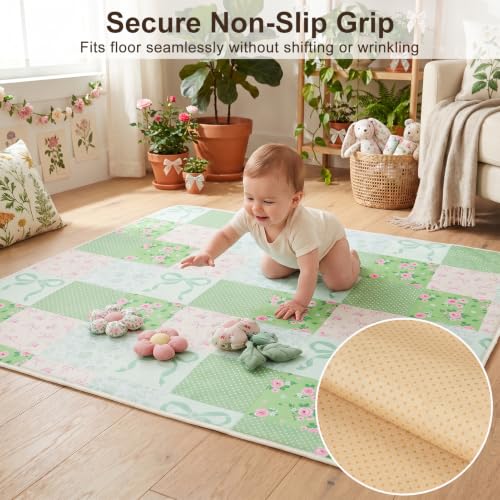 Basumee Splat Mat for Under High Chair, Waterproof & Mess-Proof Floor Mat | 51"×51" Baby Splash Mat, Non Slip Bottom, 4-Layer Fabric, Food & Liquid Catcher, Machine Wash for Boy Girl, Meals, BLW, Craft - color: Green Pink Gingham, size: 51x51 Inches