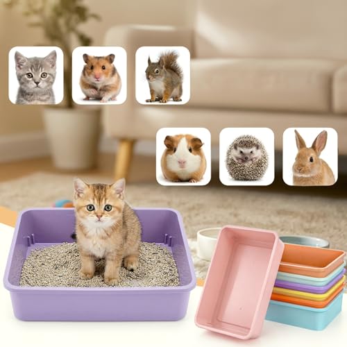 Hiceeden 7 Pack Small Kitten Litter Box with Scoops, 13.9 x 9.8 x 3 Inch Plastic Cat Litter Box, Colorful Open Litter Tray Travel Toilet for Rabbit, Hamster, Guinea Pig, Hedgehog, Easy to Clean