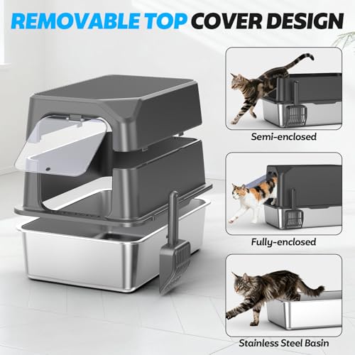 XL Stainless Steel Litter Box with Lid, Enclosed Cat Litter Box,Front Entry | XL for Big Cats, High Sides Enclosed Design, Anti-Urine Leakage, Non-Stick Odor-Free, Easy Clean, Reduce Litter Tracking - color: 10 - Dark Gray (Pack of 1)