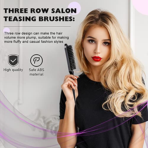 Remerry Hair Brush Set, 12 Pieces Nylon Brushes Including 3 Row Salon Teasing Brushes, Double Sided Edge Brush, Rat Tail Combs, Duckbill Clips for Women Girls - Black - color: Black