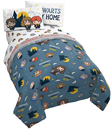 Jay Franco Harry Potter is My Home 5 Piece Full Bed Set - Bedding Features Harry, Ron, Hermoine, Hagrid, and Dumbledore | Hogwarts, Bed in a Bag, Comforter Sheets Pillowcases, Official Product, Soft Microfiber, Machine Washable, Kids Gift - color: Blue, s