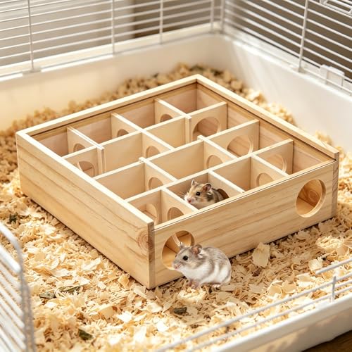 Wooden Maze Tunnel Toy with Cover Dwarf Hamster Maze Toy Safe for Small, Tiny, Mini Furry Animals, Child Gerbil Hole (Burlywood)