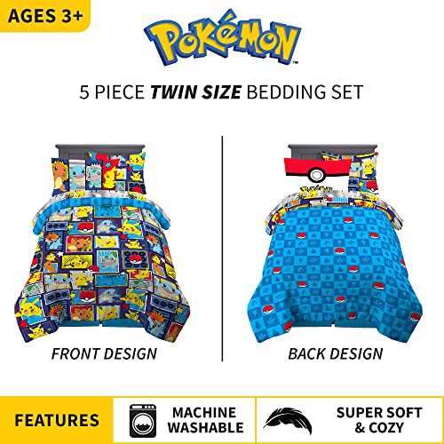 Pokémon Pikachu Twin Size Bedding, Kids Bedding Super Soft Cozy Reversible Comforter and Sheet Set with Sham, 5 Piece Twin Size, (Officially Licensed Product) by Franco - color: Pokemon, size: 5 Piece Twin Size