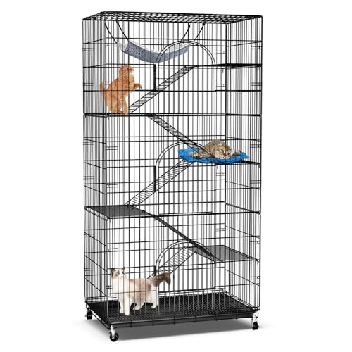 Large Cat Cage, 72 Inch 6-Tier Cat Playpen with Wheels Indoor Outdoor | 36x22x72” multi-level Enclosure, 3 Doors, Removable Tray, Rolling Wheels, Hammock, Cat Playpen for Kitten & Small Animals - size: 36.0"L x 22.0"W x 72.0"H