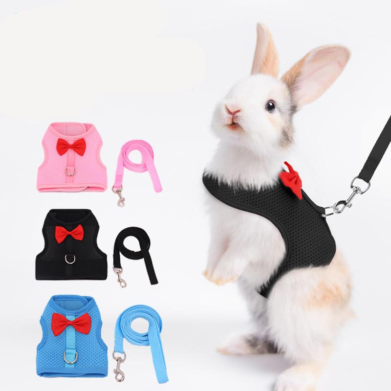 Rabbit Harness and Leash Set for Walking Escape Proof, Black M | Chest:9.4-11.8" Mesh Breathable Adjustable Rabbit Leash Camping Hiking Training For Bunny Ferret Kitten Puppy - color: Black, size: M Neck 7.4-8.6'', Chest 9.4-11.8''