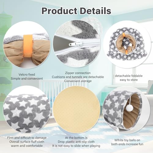 BWOGUE Bunny Tunnel Bed, 2-in-1 Collapsible Rabbit Tunnel Hideout with Mat | Removable Mat for Washing, Ball Toy for Play, Tunnel Tubes for Hiding, Gray Star Soft Suede Fabric, Cats Rabbits Guinea Pigs - color: Greystar