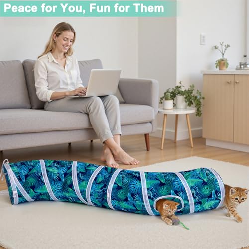 Glittme S-Shape Cat Tunnel, Foldable Cat Tunnels for Indoor Cats | Interactive Bunny Tunnel And Cat Tubes With Crinkle Sounds. Ideal For Kittens, Ferrets And Small Pets To Hide, Play Or Rest - color: Green Leaves