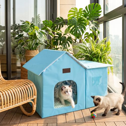 PatiencET Large Cat Cooling House for 2 Small Cats, Indoor Cooling Cat House for Summer, Blue Cat Hideaway Bed with Side Ice Packs, Insulated Foil Lining - size: Large