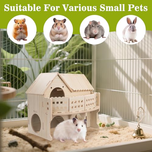 Wooden Hamster House with Balcony, Small Animal Habitat Double-Decker Forest-Style Hut Chew Toys for Dwarf Hamsters, Gerbils, Small Pets (Hole Diameter 4 CM) - size: Hole Diameter 4 CM