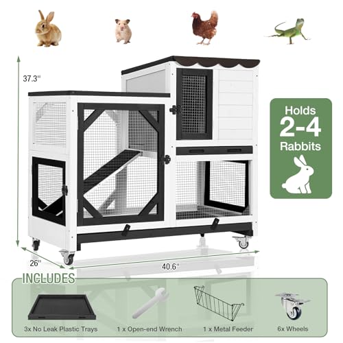 Large Rabbit Hutch Outdoor, 2-Tier Bunny Hutch with Wheels and Waterproof Roof, Wooden Guinea Pig Cage with Leak-Proof Pull-Out Trays, Multi-Door Bunny Cage for Small Animals-Black and White - color: Black and White-AIR7013