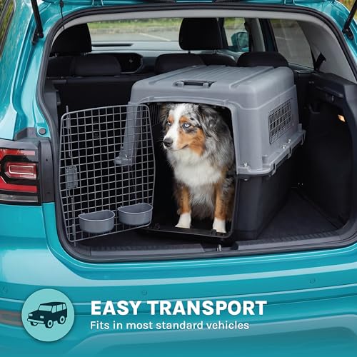 SportPet Airline Compliant LARGE 31.5" Travel Dog Kennel- Durable Plastic Airline Pet Carrier w/ Removable Wheels & Food Bowls, Collapsible Indoor/Outdoor Dog Kennel, Dogs up to 28"L & 20"H-Dark Gray - color: Dark Gray