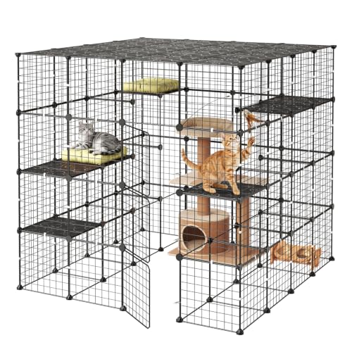 VEVOR Cat Cage 4-Tier 55"x55"x55" Large DIY Cat Playpen Indoor Enclosure, Detachable Metal Wire Kennel Crate with 3 Doors & Locks, Exercise Place Ideal for 2-3 Cats, Kittens and Small Animals, Black - size: 55.0"L x 55.0"W x 55.0"H