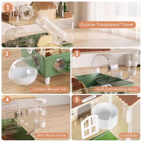 Acrylic Hamster Cage Clear Hamster Habitat with Running Wheel & Hideout | 2-Tier Hamster House with Tubes and All Accessories, Easy to Clean, Suitable for Small Hamsters, 13.3''* 9.8''* 17.4'', Green - color: Green