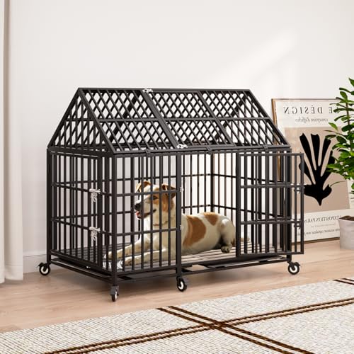 61 inch Heavy Duty Indestructible Dog Crate, Escape-Proof Chewproof Pet Kennel for Large Giant Dogs, Steel Indoor High Anxiety Cage with 6 Wheels, 6 Locks, 2 Trays, 3 Doors, Extra Large XL XXL - size: 60.2"L x 32.7"W x 50.8"H