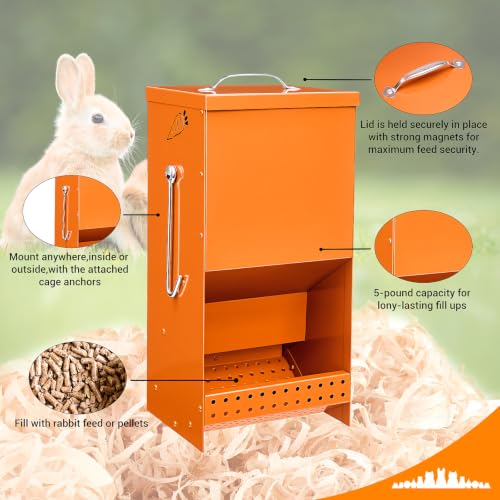 Rabbit Feeders Automatic for Cages,Orange 5 Pound Large Metal Trough Feeder | With Lid Galvanized Steel Outdoor Bunny Food Dispenser for Rabbits Chicken Guinea Pig Pet Other Small Animals