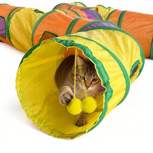 Cat Tunnels for Indoor Cats, Cat Tunnel with Plush Ball, Kitten Tunnel Collapsible, Cat Play Tunnel with Interactive Peephole for Large Cat, Puppy, Kitten (Colorful-4 Way) - color: Colorful-4 Way