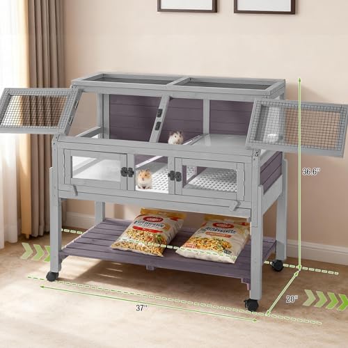 GUTINNEEN Guinea Pig Cage with Anti Chewing Sturdy Plastic Floor and Cool Zinc Plate, Indoor Rabbit Hutch with Hideout and Wheels, Elevated Legs Bunny and Hamster Cage 36.6" L - color: Grey-On Wheels