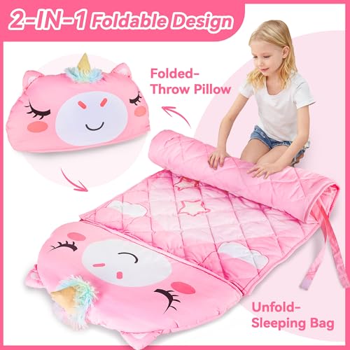 iPlay, iLearn Kid Sleeping Bag, Unicorn Slumber Sack, Toddler Girl Nap Mat | 2 in 1 Pink Animal Cushion Pillow Blanket, Happy Travel Sleepover Daycare Preschool Birthday Gift for 3 4 5 6 Year Old Child - style: Unicorn