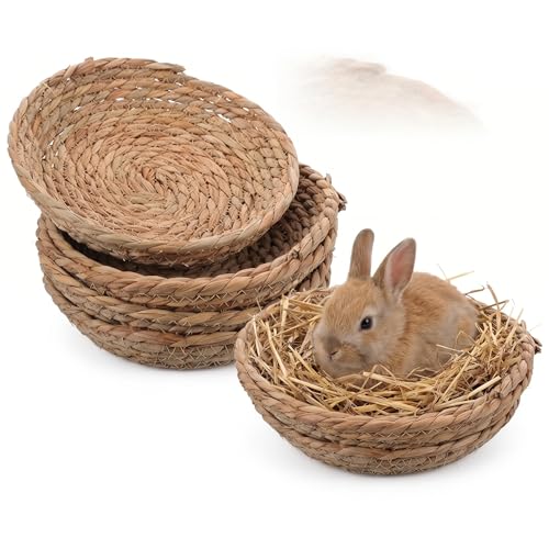 Natural Straw Breeding Nest Bowls, 5 Pack Woven Grass Rabbit Bedding Mats, 8 Inch Flat Bottom Cattail Fiber Hatching Cave for Quail Pigeons Bunnies, Edible Chinchilla Chew Toys