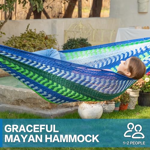 Handwoven Mayan Hammock, Thick Soft Rope Double Hammock for Outdoor Outside & Indoor, 600 lbs Capacity Heavy-Duty, Includes Tree Straps, Carabiners & Carry Bag(Lake Superior, X-Large) - color: Lake Superior, size: X-Large